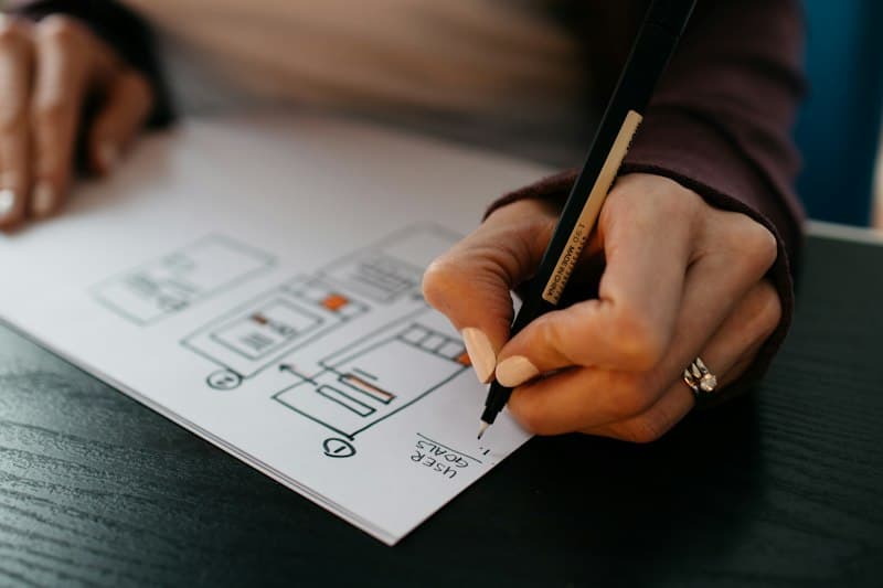 UI/UX designer inspecting responsive website wireframes across phone, tablet, and widescreen desktop monitors