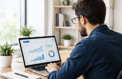 Digital specialist reviewing growth analytics and search optimization metrics on a laptop
