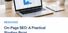 Laptop on desk with on-page SEO strategy diagrams