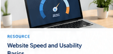Laptop with website performance speed gauge and Core Web Vitals basics